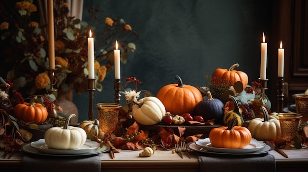 Table de Thanksgiving avec des citrouilles au centre