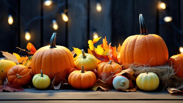 Photo table de thanksgiving avec des décorations d'automne citrouilles verres et assiettes vacances