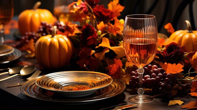 Table de Thanksgiving avec des décorations d'automne, des citrouilles, des verres et des assiettes.