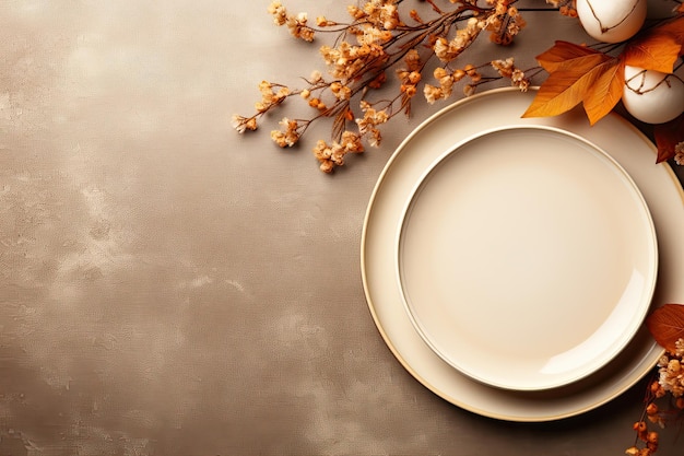 Table de Thanksgiving décorée de feuilles mortes et de fleurs beiges Générative AI