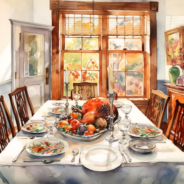 Une table de thanksgiving avec une dinde dessus