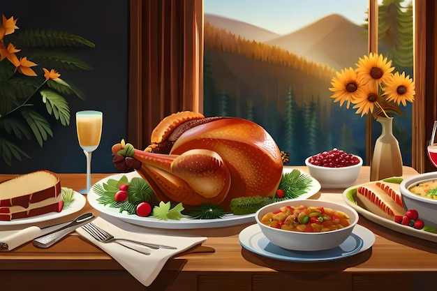 table de Thanksgiving avec une dinde et un verre de vin.