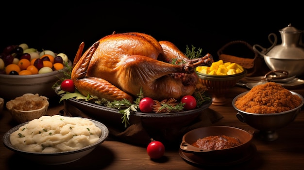 La table de Thanksgiving est ornée d'un poulet succulent entouré d'apéritifs.
