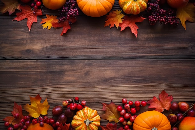 Une table de thanksgiving avec un tas de citrouilles et un tas de feuilles