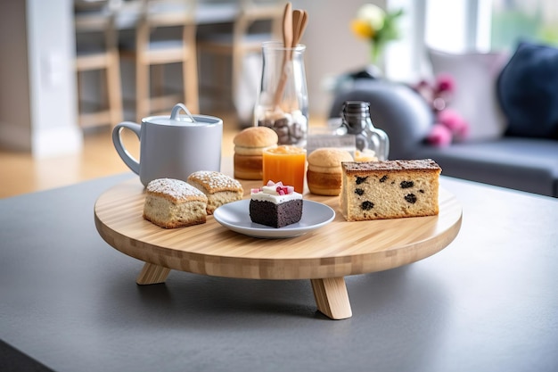 Table à thé moderne avec un gâteau sur une table grise