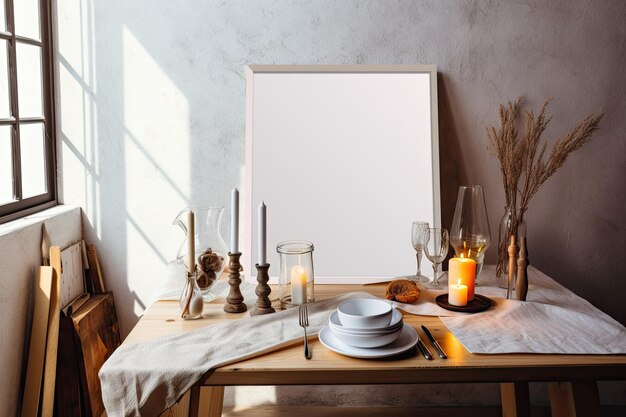 Sur la table, une toile blanche est un modèle de maquette vide