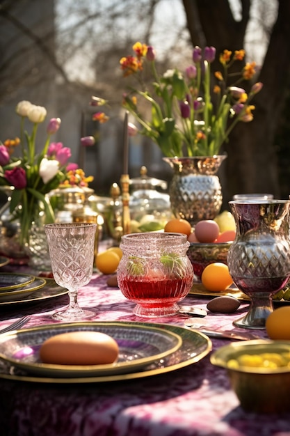 une table traditionnelle de Nowruz dans un cadre extérieur