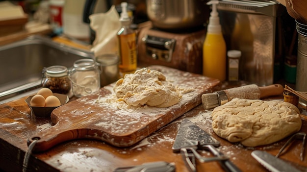 Une table de travail de boulangers couverte d'un éventail d'outils et d'ingrédients avec un monticule de pâte qui attend d'être