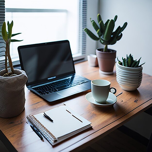 Table de travail avec café portable et documents à l'intérieur de la maison