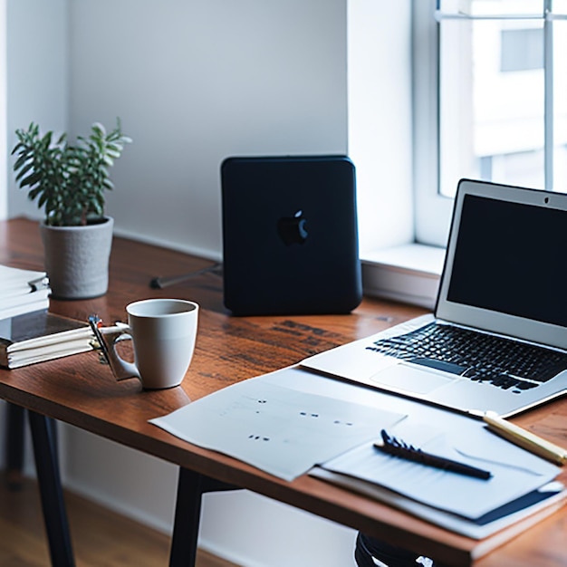 Table de travail avec café portable et documents à l'intérieur de la maison