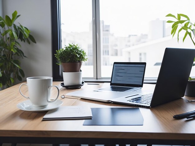 Table de travail avec café portable et documents à l'intérieur de la maison