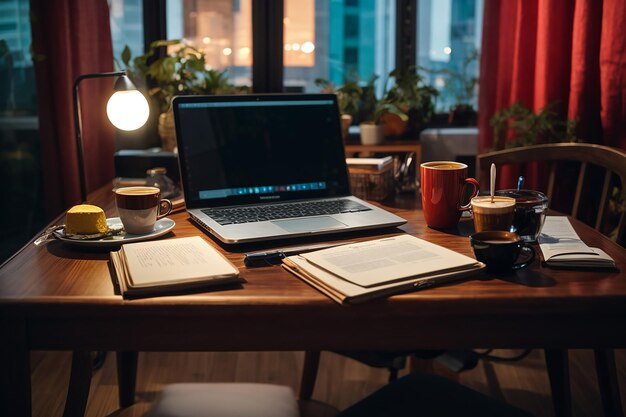 Table de travail avec café pour ordinateur portable et documents à l'intérieur de la maison