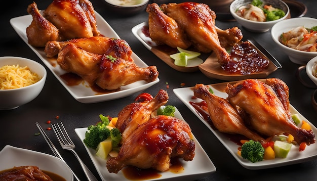 une table avec trois assiettes de nourriture, y compris du brocoli de poulet et du riz