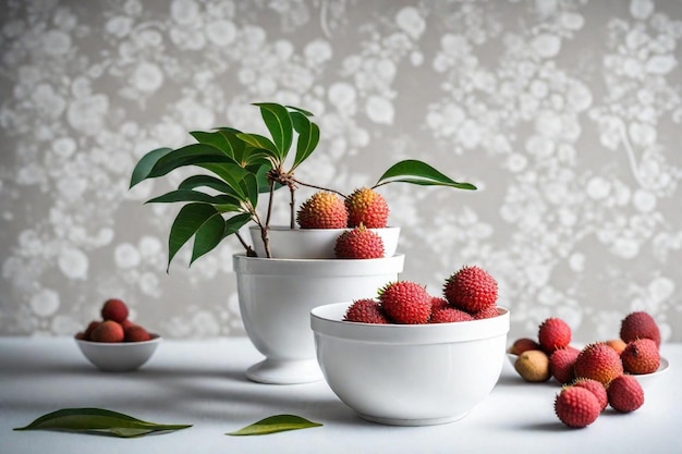 une table avec trois bols de fraises et une plante dessus