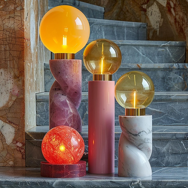 Photo une table avec trois lampes en verre de différentes couleurs et une avec une lampe dessus