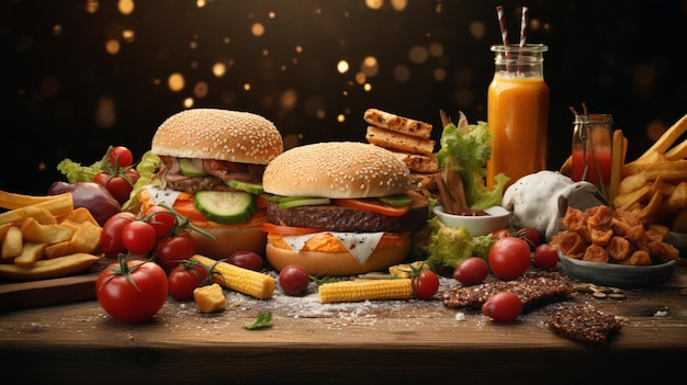 une table avec trois types différents de nourriture, y compris une salade sandwich et une bouteille de jus d'orange
