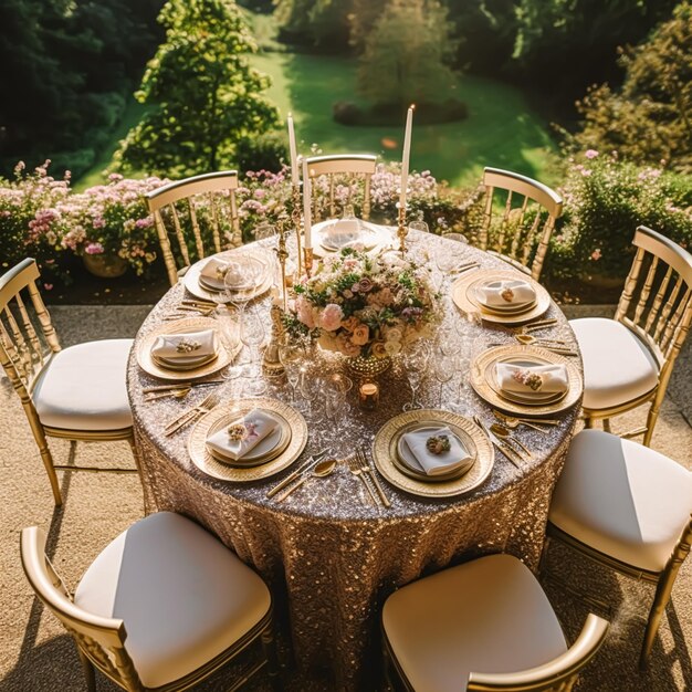 Table de vacances paysage de table de dîner formel doré cadre de table avec décoration en or pour la fête de mariage et la célébration de l'événement générative ai