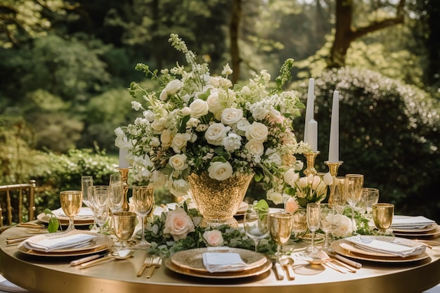 Table de vacances paysage de table de dîner formel doré cadre de table avec décoration en or pour la fête de mariage et la célébration de l'événement post-traité générative ai