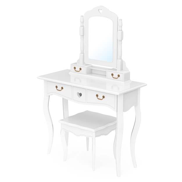 Table de vanité de chambre antique avec tabouret et miroir sur fond blanc. Rendu 3D