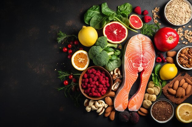 une table avec une variété d'aliments, y compris du saumon, du chou et d'autres fruits