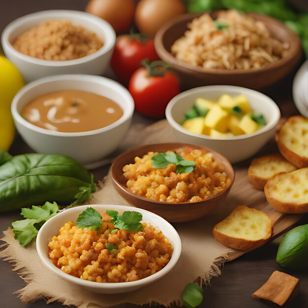 Photo une table avec une variété d'aliments, y compris des haricots, du pain et du pain