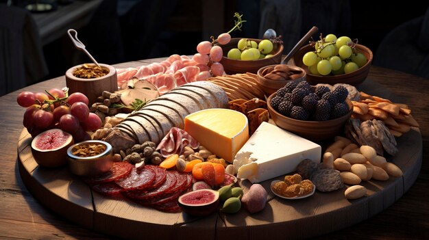 une table avec une variété d'aliments, y compris de la viande au fromage et du fromage