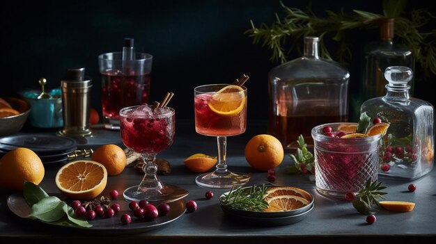 Une table avec une variété de cocktails dont la canneberge, la canneberge et les oranges.