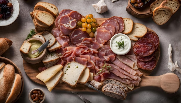 une table avec une variété de fromage, de viande, de fromage et de fromage