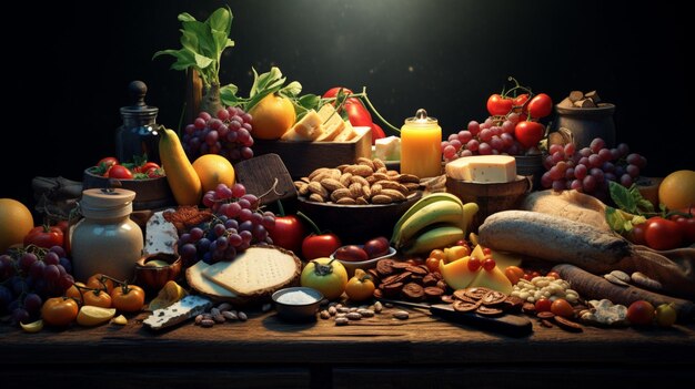 Photo une table avec une variété de fruits, y compris des noix, des noix et des noix