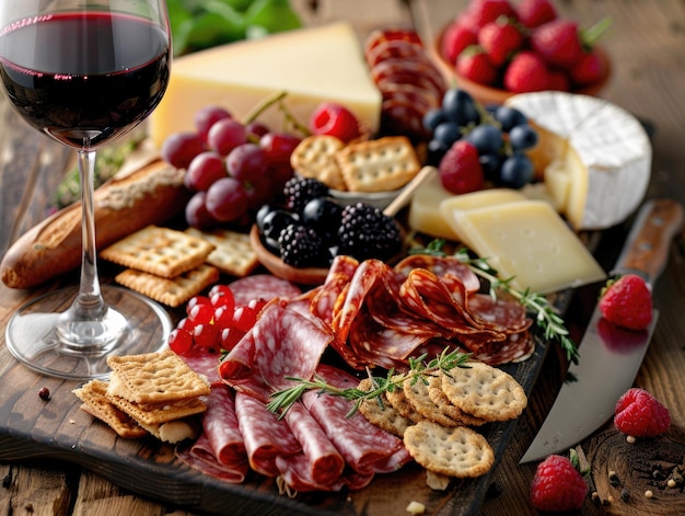 Une table avec une variété de nourriture et un verre de vin