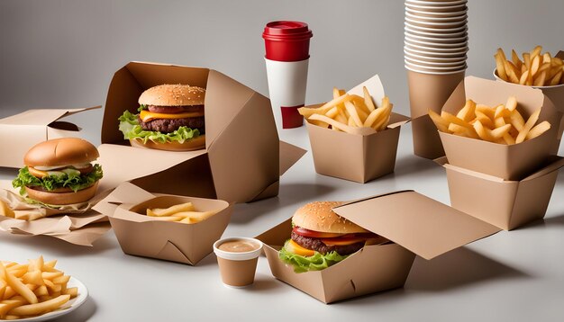 une table avec une variété de nourriture, y compris des hamburgers frits et une tasse de café