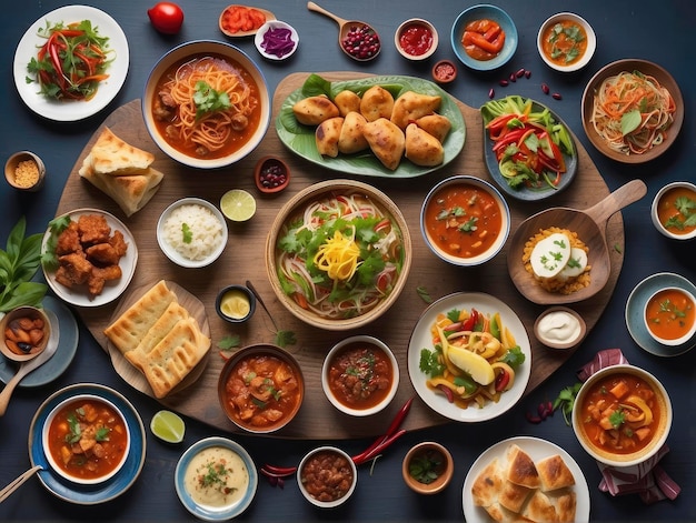 une table avec une variété de plats et des bols de soupe