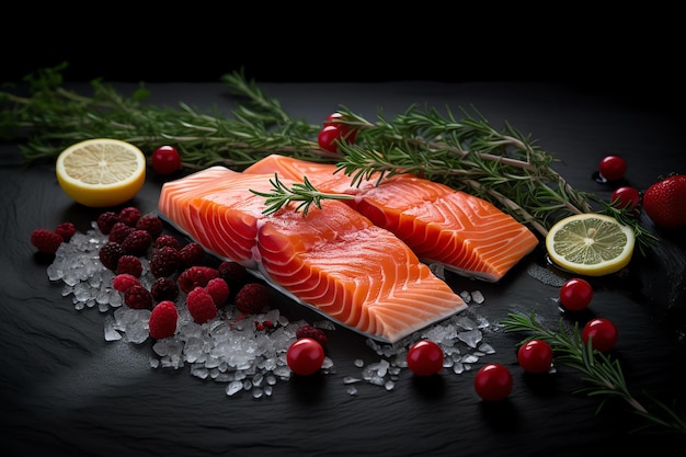 Une table avec une variété de saumons et de citrons