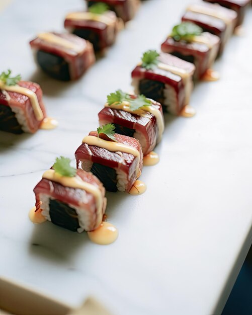 une table avec une variété de sushi sur elle