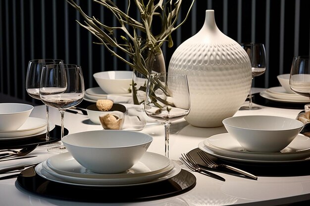 une table avec un vase blanc et un bol blanc dessus