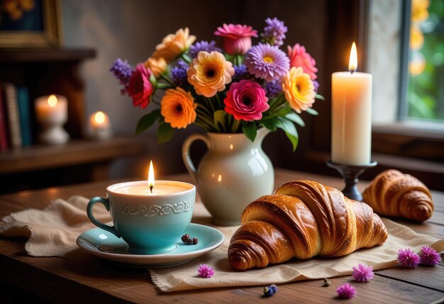 une table avec un vase et une bougie et un croissant