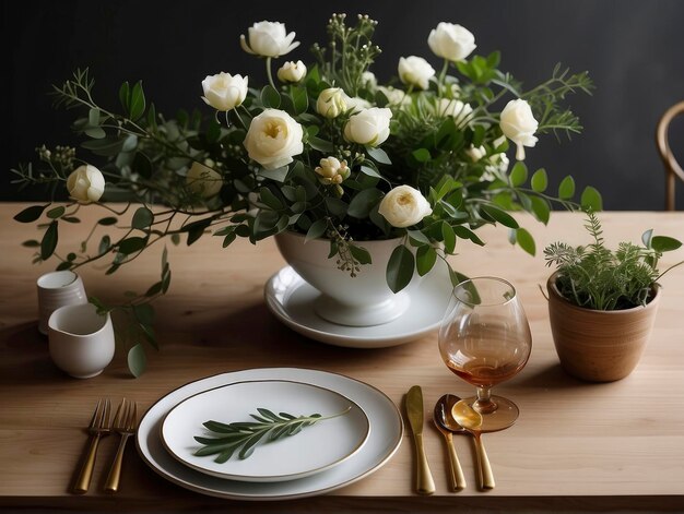 une table avec un vase de fleurs et des assiettes et ustensiles