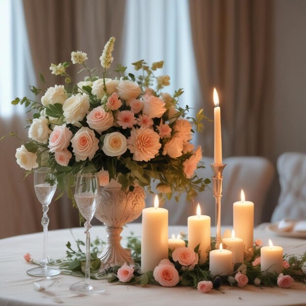 Photo une table avec un vase de fleurs et des bougies dessus