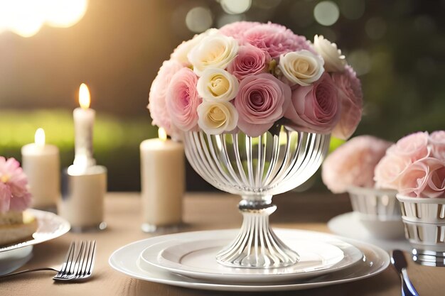 Une table avec un vase de fleurs et de bougies