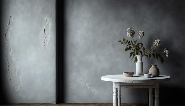 Une table avec un vase de fleurs dessus