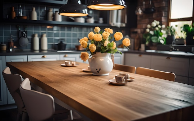 Une table avec un vase de fleurs dessus