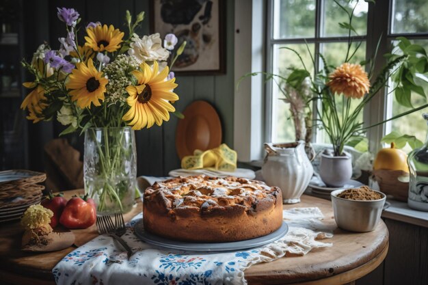 Une table avec un vase de fleurs et un gâteau dessus