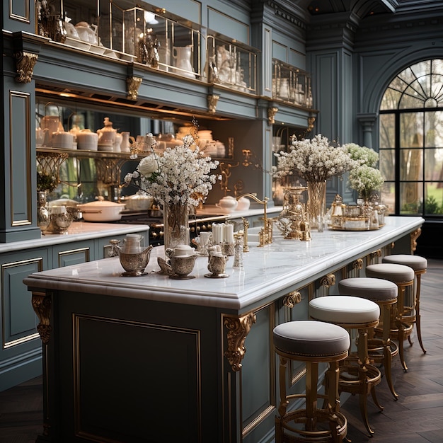 Photo une table avec un vase de fleurs et une grande fenêtre en arrière-plan