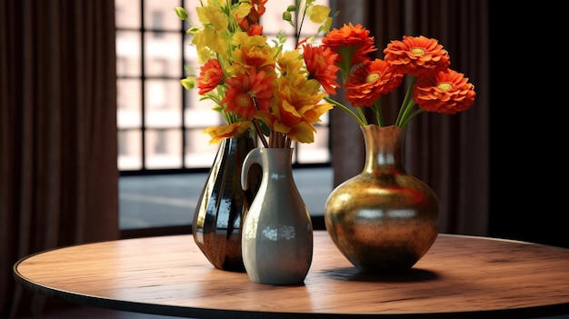 Une table avec un vase à fleurs et un vase avec une fleur dessus