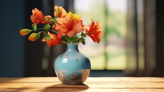 Une table avec un vase à fleurs et un vase avec une fleur dessus