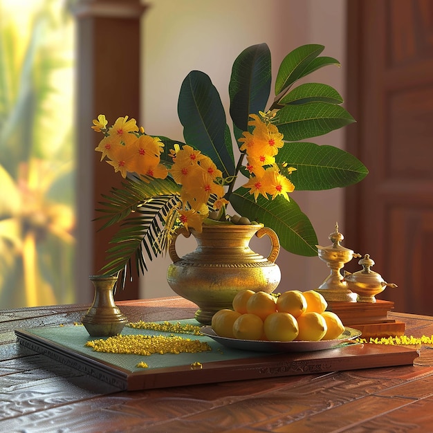 une table avec un vase à fleurs et un vase avec des fleurs jaunes
