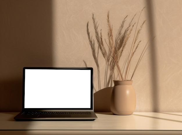 Table avec vase et ordinateur portable à écran vide sur fond d'écran