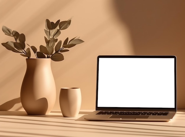Table avec vase et ordinateur portable à écran vide sur fond d'écran