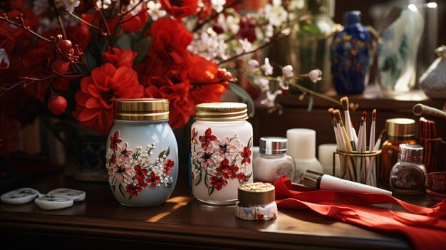 Photo une table avec des vases de fleurs blanches