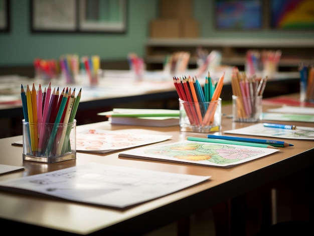 Photo une table avec un verre de crayons de couleur et une image d'un crayon